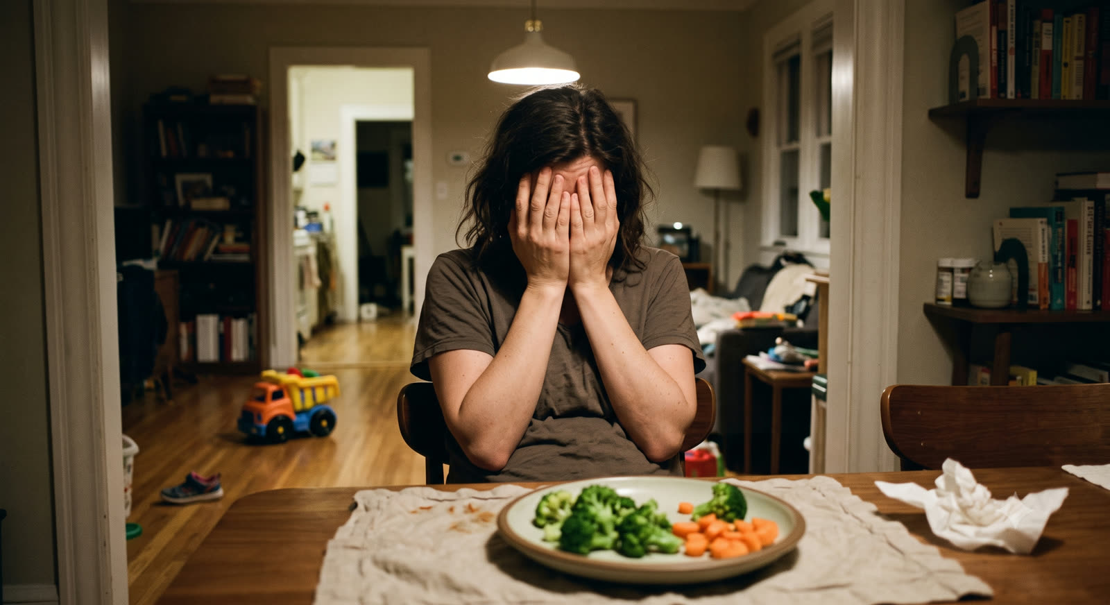 Mãe exausta à mesa, prato de legumes intocado
