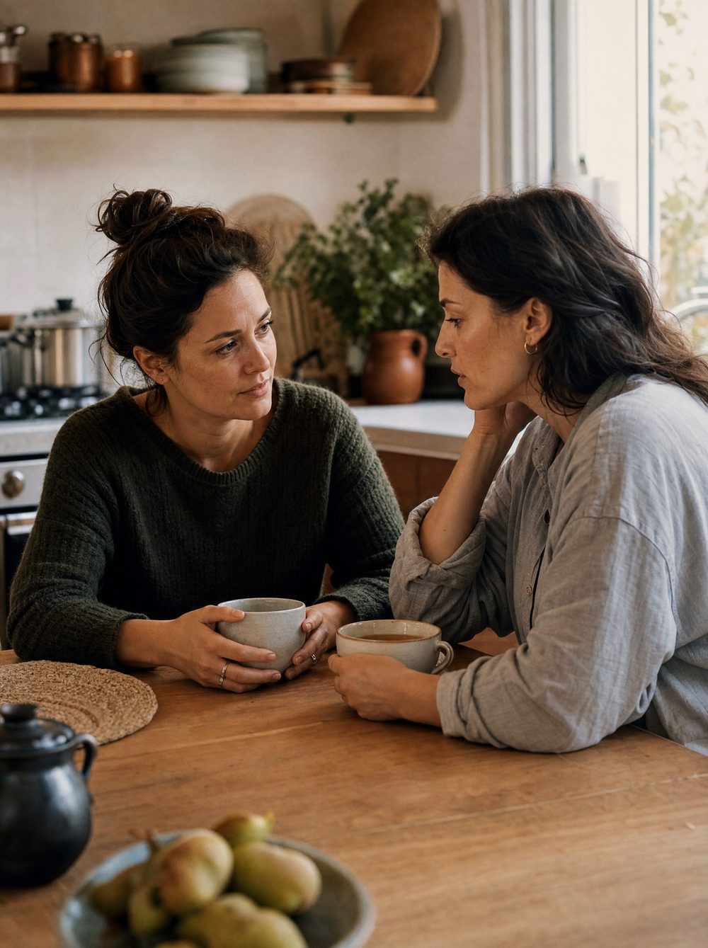 Duas mulheres conversando à mesa da cozinha, entre xícaras de chá